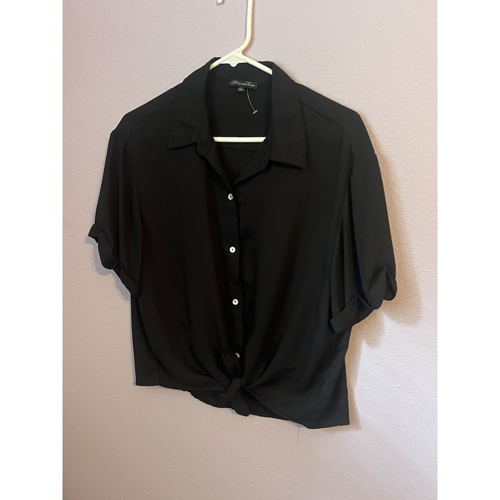 Shinestar Black Semi Sheer Button Up Down Blouse Shirt Top Tie Waist Size Large